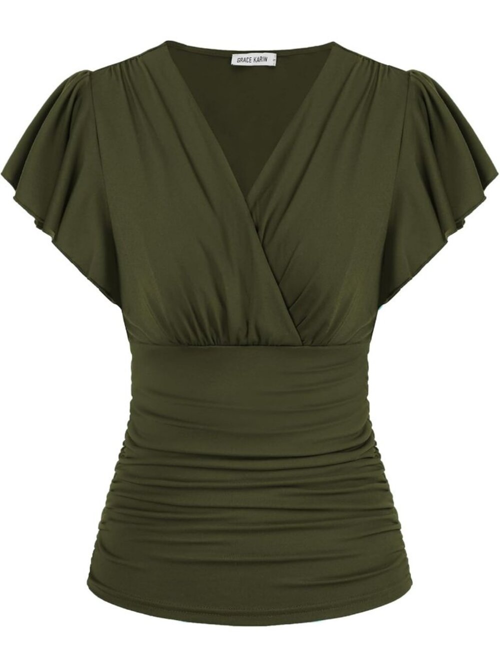Women's T Shirt  Army Green V Neck Casual Wrap Blouse Ruffle Sleeve Ruched Soft